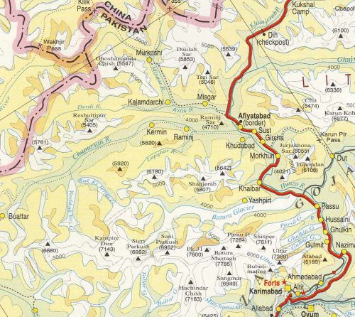 Expeditionsgebiet Ausschnitt aus der Karte The Karakoram Highway a map by John Callanan
